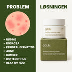 Problem og løsning: rødme, rosacea, perioral dermatitis og bumser til venstre – CØLM Redness Relieving Cream på sin grønne æske til højre.